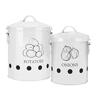 G.a HOMEFAVOR Set of 2 Antique Cream Vintage Potato Onion Kitchen Storage Canisters Jars Pots Containers 2 Pack Set, Potatoe, Onion Bin Caddy, With Aerating Tin Storage Holes & Metal Lid