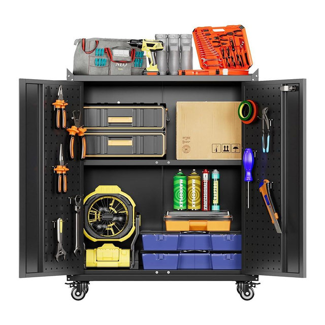 SUXXAN Metal Storage Cabinet with Wheels, Rolling Storage Cabinet with 2 Doors and Adjustable Shelves, Pegboard and 4 Hooks, Suitable for Garage, Home, Office, School, Black