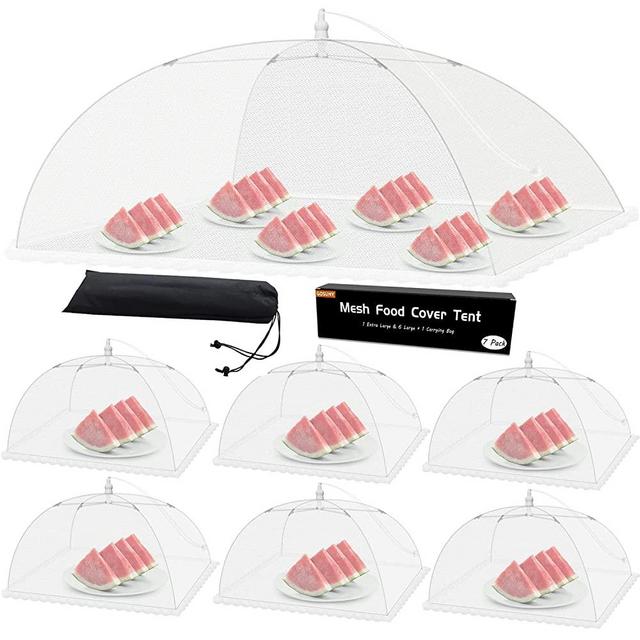 Mesh Food Covers for Outdoors - 7 Pack Upgraded 1 Extra Large 40x24 in & 6 Large 17x17 in Outdoor Party Food Cover Tent Collapsible Picnic Nets Umbrella Screen Pop Up Food Dome for Outside (White)