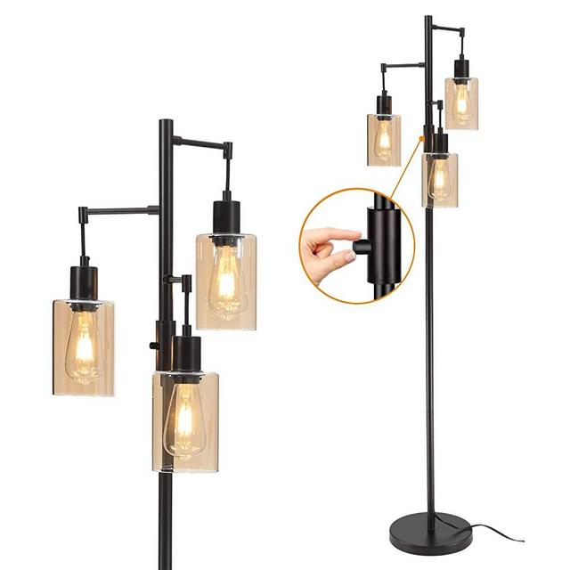 Liylan Farmhouse Floor Lamps for Bedroom,Rustic LED Standing Tree lamp with On/Off Dimmable Switch,3-Lights Tall Pole Lamp, Amber Glass Shade,Oil Rubbed Bronze Finish