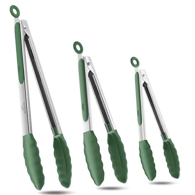 600ºF Heat Resistant Kitchen Tongs, Premium Locking Cooking Tongs with Silicone Tips, Non-Slip Food Tongs for Cooking, Non-Stick, Heavy Duty Stainless Steel Handle, Set of 3-7" 9" and 12" Turquoise