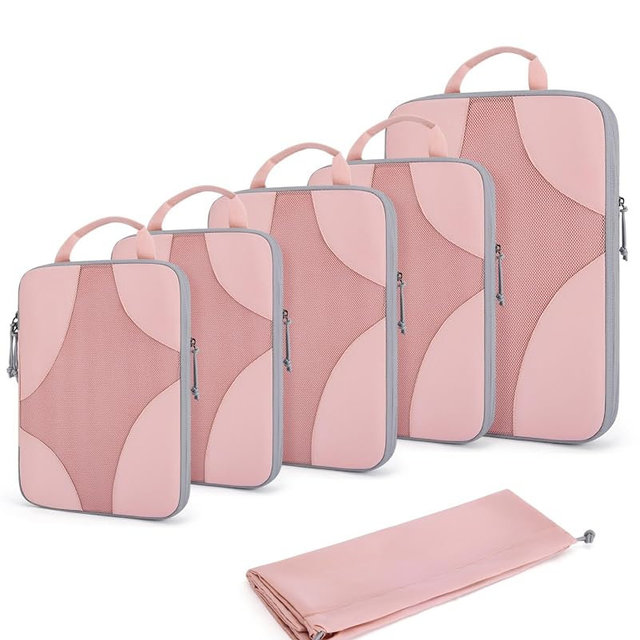 BAGSMART Compression Packing Cubes for Travel, 6 Set/14 Set Compressible Luggage Organizer for Cruise Ship, Lightweight Travel Essentials (1L+2M+2S+Shoe bag+Drawstring bag+Toiletry bag+6Plastic bags)
