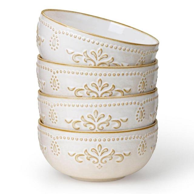 Artena Soup Bowls 32 OZ, Cereal Bowls Set of 4, Embossment Ceramic Ramen Bowls, 6.3 Inch White Salad Bowls, Large Dinner Bowls for Pho, Noodle, Pasta, Snacks, Dishwasher Microwave Safe, Damask Floral