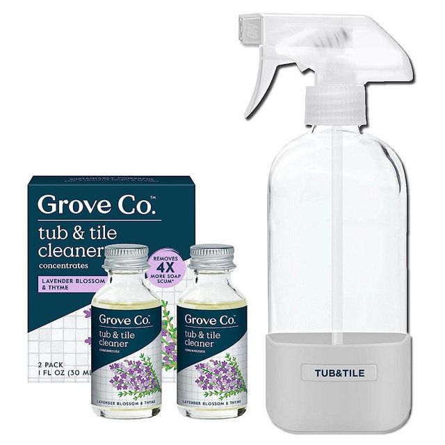 Grove Co. Tub and Tile Cleaner Refill Concentrate (2 x 1 Fl Oz) + 1 x Reusable Glass Spray Bottle (16 Oz) Plant-Based Cleaning Supplies Bundle, No Plastic Waste, 100% Natural Lavender & Thyme Scent