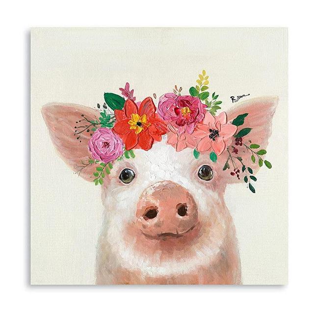 B BLINGBLING Farm Peach Pig with Flower Crown Canvas Wall Art, Cute Animal Painting Poster Print for Farmhouse Kitchen Bedroom Bathroom Decor Framed and Ready to Hang 12"x12"x1