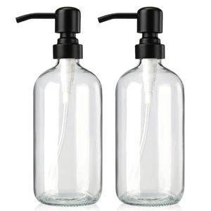 AmazerBath Soap Dispenser, 2 Pack Glass Soap Dispenser with Stainless Steel Pump, 17 Oz Bathroom Hand Soap Dispensers Bottle for Bathroom & Kitchen, Clear & Black