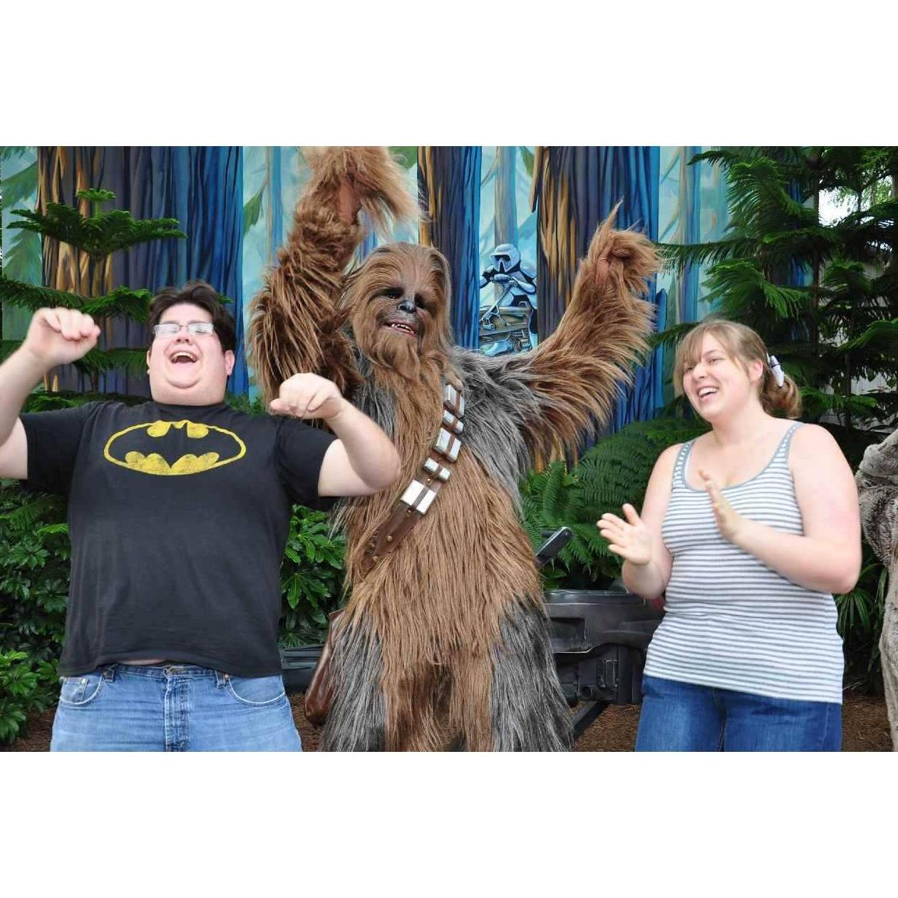 One of our first dates was "Star Wars Weekends" at Disney's Hollywood Studios. The photographer captured a moment sing to Chewbacca.