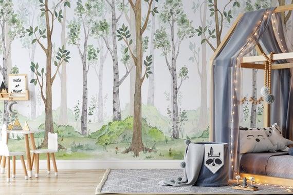 Wallpaper Photo Wallpaper Nursery, Woodland Birch, Aquarell, Pencil for children mural room
