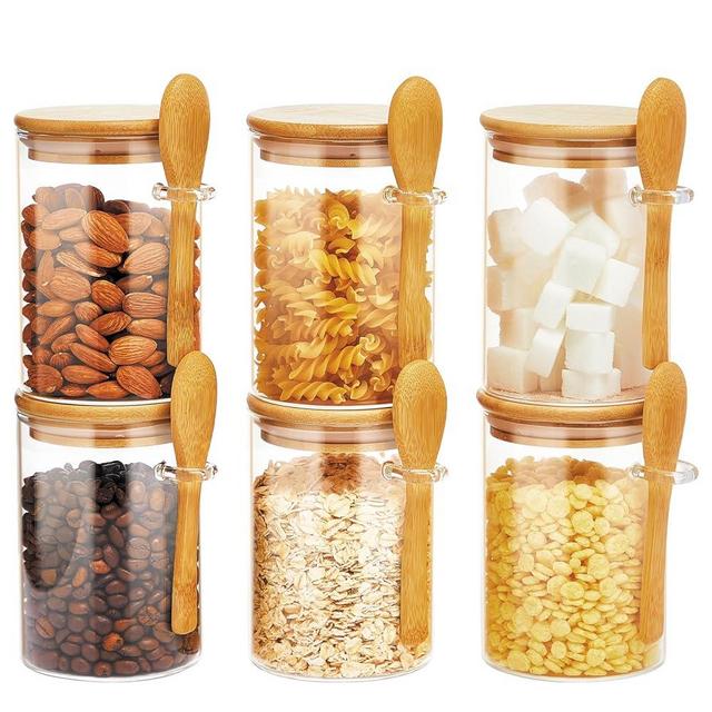 Spreccio Set of 6 Airtight Glass Jars with Bamboo Lids and Spoons, 22 OZ Glass Food Storage Jars Perfect for Coffee, Tea, Sugar, Spices, Beans, and More