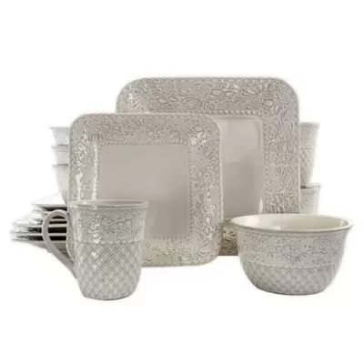 Elama White Floral Square 16-Piece Dinnerware Set in Ivory