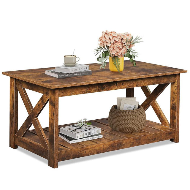 WLIVE Farmhouse Coffee Table for Living Room, 40.1" Rustic Center Table with X-Frame Support & Storage Shelf, 2-Tier Wood Coffee Tables for Bedroom & Balcony, Rustic Brown