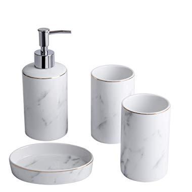 White Bathroom Accessories Set - 4 Pieces Bath Ensemble Set Include Hand Soap Dispenser Soap Dish and 2 Tumblers Marble Bathroom Accessory Set for Bathroom Countertop Ceramic Soap Dispenser Set