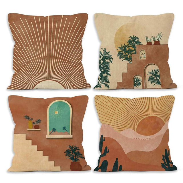 MONALET Boho Bohemia Terracotta Cactus Decorative Throw Pillows Covers, Bohemian Home Decor, Orange Sun Desert Pillow Covers, Mid Century Pillowcase for Home Decor, 18 x18 Inch Pillowcase Set of 4