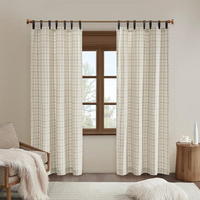 Madison Park Anaheim Cabin Plaid Curtain Window, Thermal Insulated Fleece Lining, Living Room Decor Room Darkening Drape for Bedroom, 1-Single Panel Pack, 50x108 Faux Leather Tab, Natural
