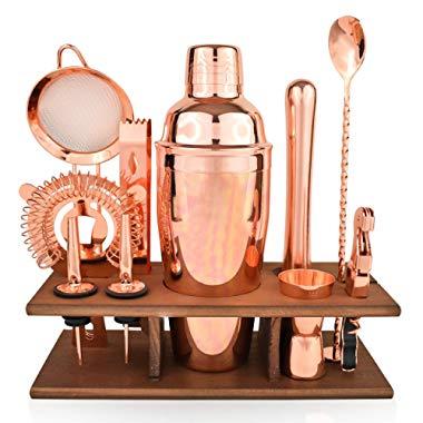 Bartender Kit Copper 11 Piece - Copper Parisian Cocktail Mixology Set - Rose Gold Shaker With Muddler, Pourers, Strainer & Twisted Bar Spoon