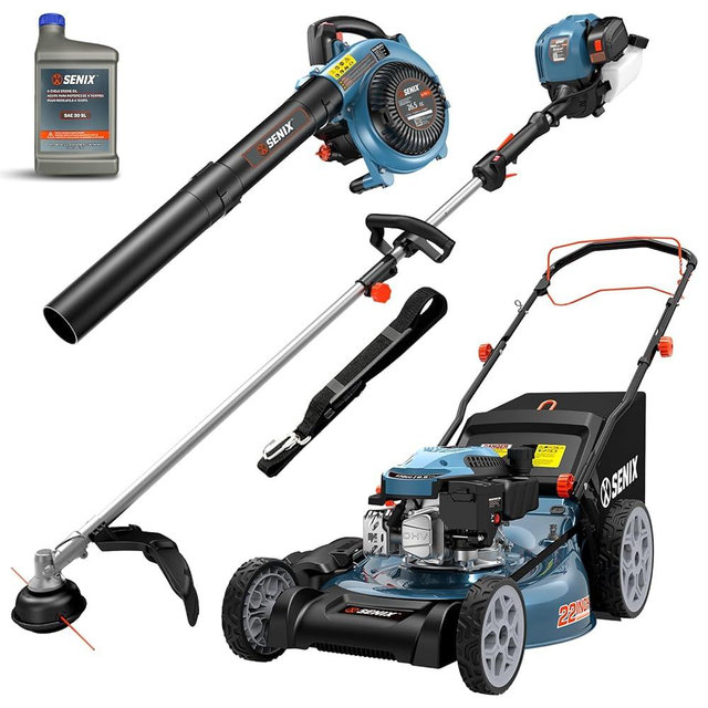 SENIX 22" Self-Propelled Gas Lawn Mower (170cc) +17-Inch 26.5 cc Gas Weed Wacker + 26.5cc Gas Leaf Blower Yard Tool Kit