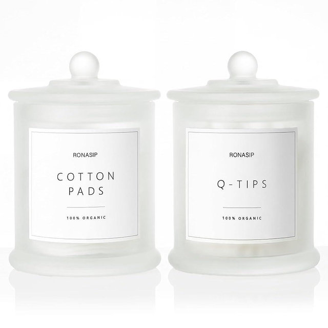 Ronasip Qtip Holder & Cotton Pad Dispenser, Bathroom Organizer and Storage Canisters, 16oz Glass Apothecary Jars for Kitchen, Restroom - Home Decor, Room Decor Aesthetic (2 Pack, Frosted White)