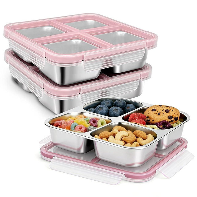 Tinaforld 3 Pack Stainless Steel Reusable Snack Containers with Lids, 4 Compartment, Leakproof, 24.5 oz Food Storage & Meal Prep Containers, Bento Lunch Box for Adults,Men,Women(Pink)