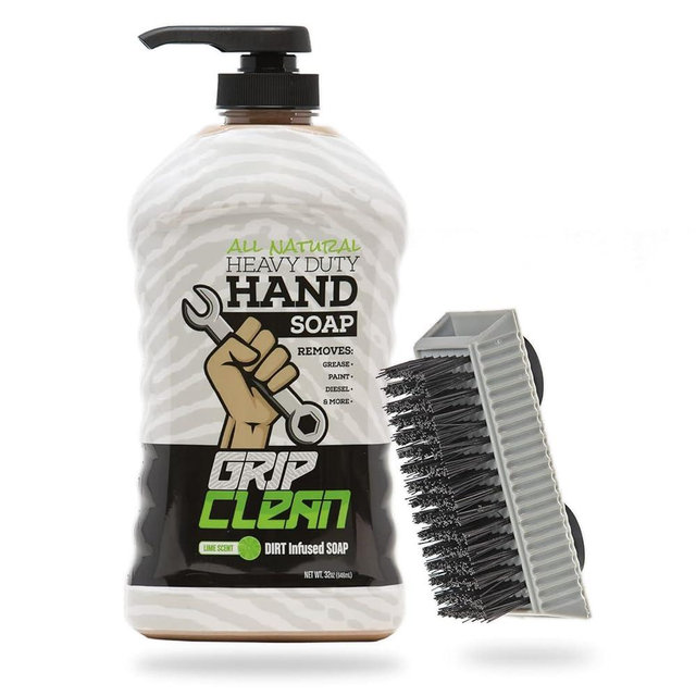 Grip Clean Hand Cleaner for Auto Mechanics, Heavy Duty Pumice Soap & Fingernail Brush, Tool Shop, Garage, Commercial, All Natural, Men, Women, Grit Cleansing, Sensitive Skin - 32oz Pump Top & Brush