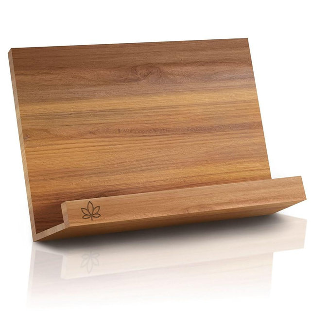 Acacia Cookbook Stand for Kitchen Counter – Adjustable Wooden Recipe Book Holder for Cookbooks, Recipe Binders & Tablets | Foldable Wood Book Stand with Bamboo Phone Holder | Gift-Ready Kitchen Set