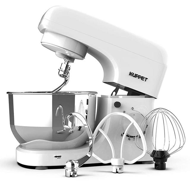 Kuppet Stand Mixers, 8-Speed Tilt-Head Electric Food Stand Mixer with Dough Hook, Wire Whip & Beater, Pouring Shield, 4.7QT Stainless Steel Bowl - White