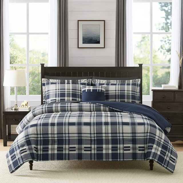 MaiRêve Queen Comforter Set, Plaid Design Comforter Set 8 Pieces, All Season Comfortable Bedding Sets Queen, Lightweight, Warm and Breathable (Navy Blue, Queen, 90"x90")