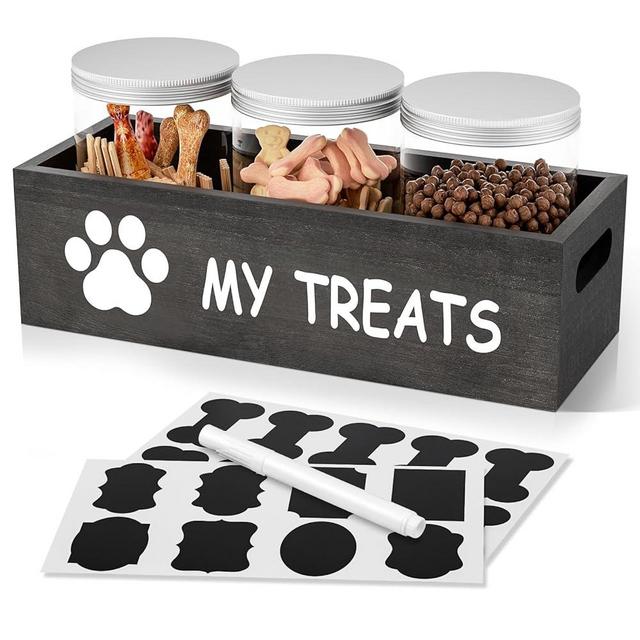 qeerable Dog Treat Jar for Countertop - Dog Treat Container with 3 Jars - Pet Food Organizer For Puppy - Airtight White Wooden Dog Treat Storage With Lids - Great Gift for Pet Dog Owners