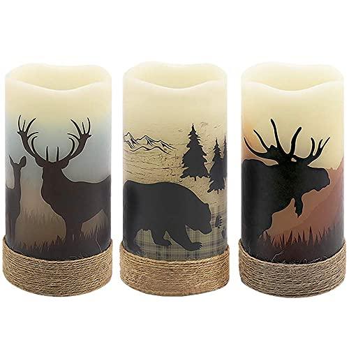 GenSwin Flameless Flickering Led Candles with Hemp Rope and 6H Timer, Battery Operated Set of 3 Real Wax Pillar Rustic Candles Warm Light with Deer, Moose, Bear Decals Decor Christmas Home(D3" x H6")