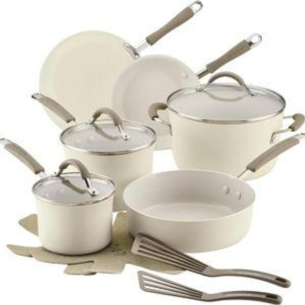 Rachael Ray Cucina Ceramic Cookware Set - 13 Pieces - Ceramic Pots and Pans Set w/Nonstick Frying Pans, Saute Pan, Saucepans, Stockpot, Lids, Pan Protectors & Cooking Utensils - Almond