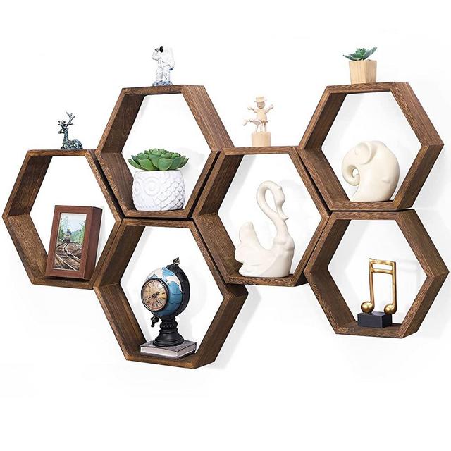 Hexagon Floating Shelves Set of 6 Honeycomb Shelves for Wall Wood Farmhouse Storage Home Decor Shelf Wall Mounted Wooden Hexagonal Shelves for Bedroom Living Room Nursery, Rustic Brown