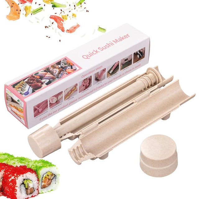 FrZslpka Sushi Maker,Sushi Roller Bazooka with Food Grade Non BPA Plastic Material for Beginners and Kids to Make Your Own Roll at Home,Beige