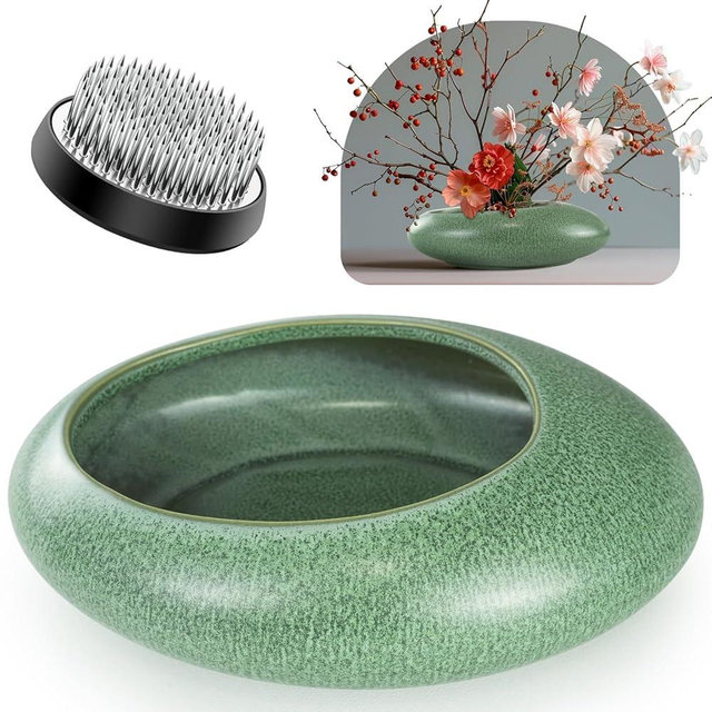 Flower Frog Vase Kit, Ikebana Arrangement Ceramic Bowl Flower Frog Water Drop Flower Pot Flower Arrangement Vase Kit (Green Large Size)
