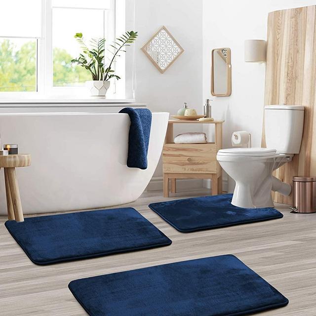 Clara Clark Memory Foam Bath Mat Sets 3 Piece - Non Slip, Absorbent, Soft Bath Rug Set - Fast Drying Washable Bath Mat - Large, Small, and Contour Sizes - Navy Blue