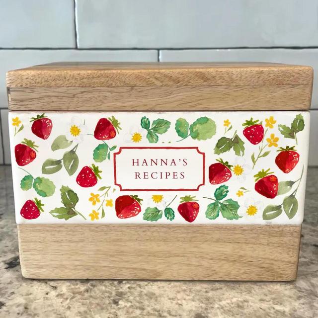 Personalized wooden recipe box with strawberry pattern, watercolor dividers and recipe cards | Holds 4x6 Recipe Cards.