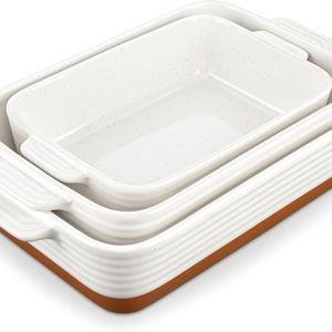 MALACASA Casserole Dishes for Oven, Ceramic Baking Dishes Set of 3, Baking Pan Casserole Dish Set, Rectangular Lasagna Pan Deep with Handles for Baking, Khaki White (14.5''/13''/10.5''), Series TARA