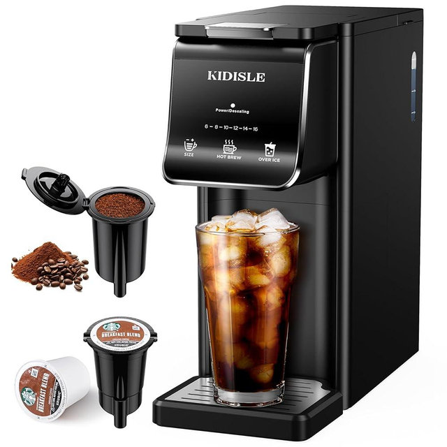 KIDISLE Single Serve Coffee Maker – Hot & Iced, K Cup & Ground Compatible, Reusable Pod Filter, 6–16oz Brew Sizes, 40oz Water Tank, Easy-to-Use, Black