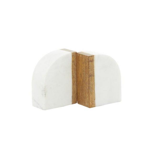 White Marble Bookends with Wood Details 4"W, 5"H (Set of 2)