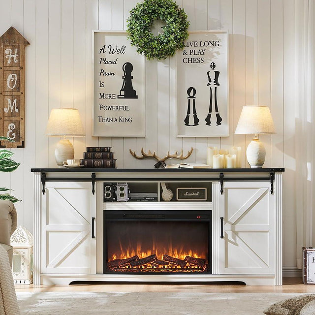 JXQTLINGMU Farmhouse Fireplace TV Stand for 75,80 Inch TV, 32" Tall Entertainment Center w/4 Drawers & Sliding Barn Door, 70-Inch Highboy Media Console for Living Room, Off White