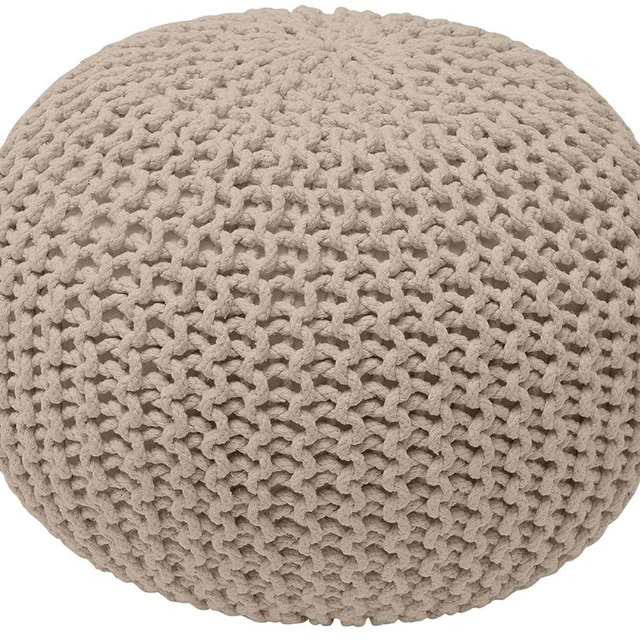 Ornavo Home Pouf Ottoman Foot Rest - 100% Cotton Pouffe - Hand Knitted Cable Braid Cord - Boho Round Stuffed Ottoman for Living Room, Bedroom - Beige