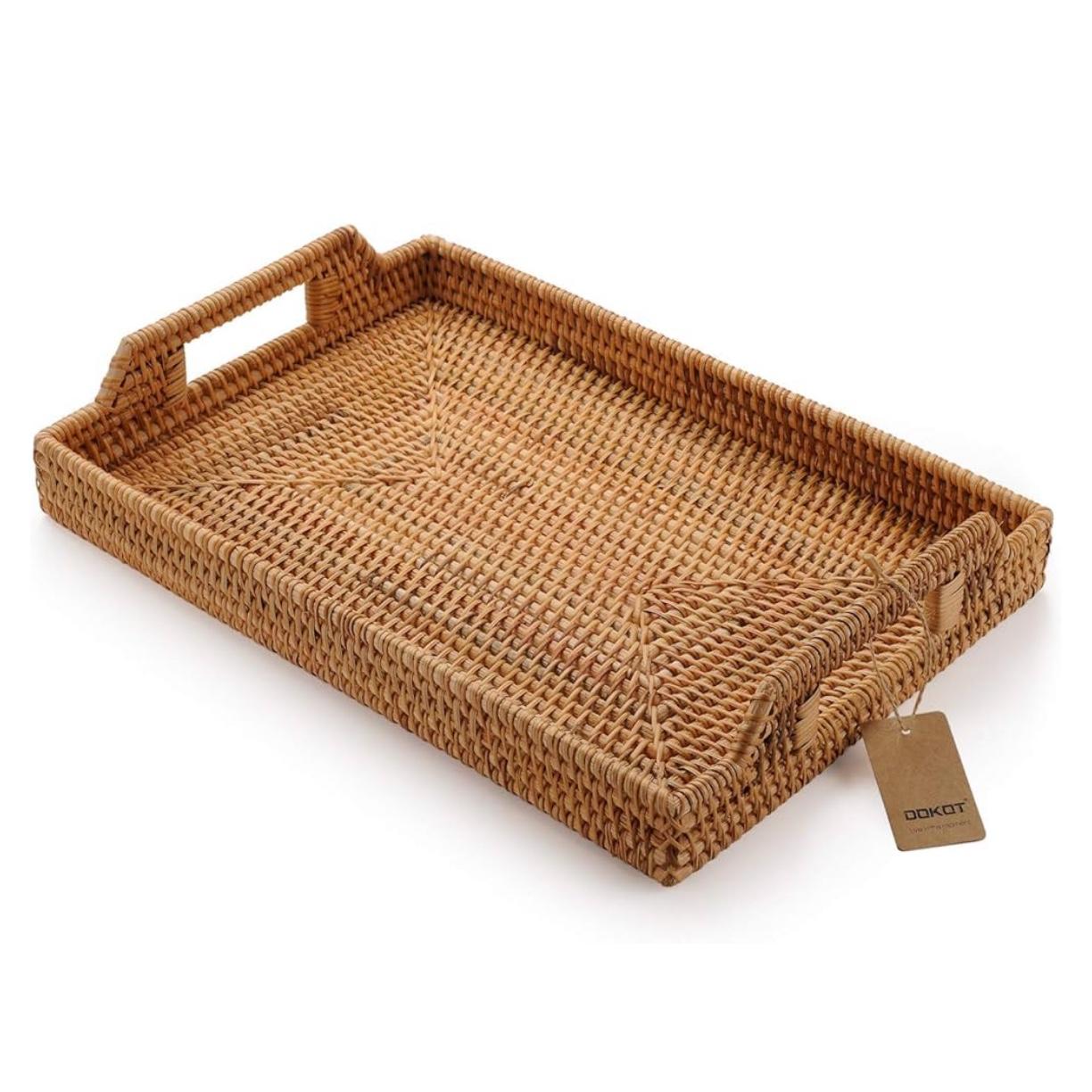 Hand-Woven Rattan Rectangular Serving Tray with Handles for Breakfast, Drinks, Snack for Coffee Table (14.5x10.2x1.4inches)
