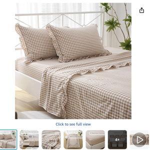 Taupe White Plaid Ruffle Sheets King Size 4-Piece Set, 300TC 100% Yarn Dyed Cotton Checker Sheets 18‘’ Deep Pocket Farmhouse Gingham Decorative Bedding（Taupe/White Plaid, King）
