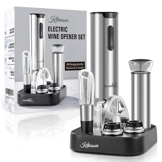 KITVINOUS Electric Wine Opener Set with Charging Base, Automatic Wine Bottle Opener with LED Light, Corkscrew with Wine Aerator & Preserver Vacuum Pump with 2 Stoppers, Foil Cutter, Silver