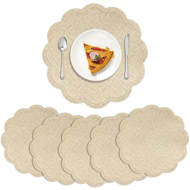 6 Pcs Scalloped Cloud Placemats 15" Beige Faux Linen Placemats Heat Resistant Double Layered Durable Burlap Place Mats for Kitchen Dining Table Decor Birthday Bridal Wedding Party Supplies (Round)
