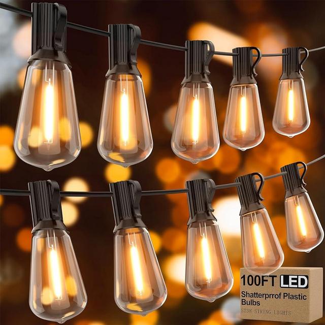 Apesaipu Outdoor String Lights 100ft ST38 Patio Lights with Waterproof Shatterproof 50(+2) LED Bulbs,Outside Hanging Vintage Edison Lights for Porch, Deck, Garden, Backyard, Balcony, 2700K Dimmable