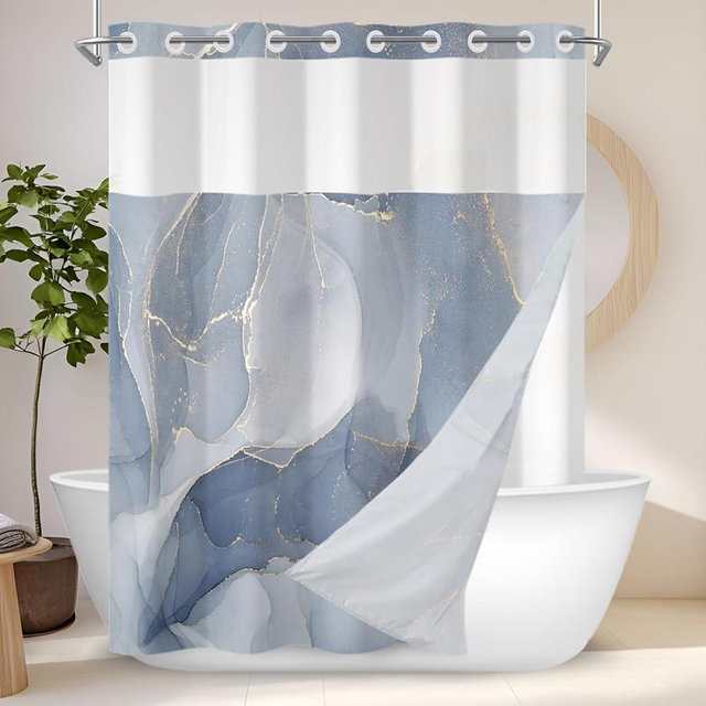RiePoiia No Hook Shower Curtain with Snap in Fabric Liner Set, Blue Marble Modern Hotel Style Design for Bathroom, Double Layer Ringless with Top Sheer Window, 71" x 74"