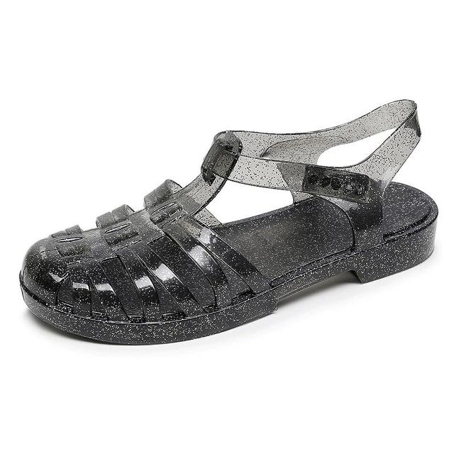 OMGard Jelly Shoes for Women Sandals Size 8.5, White T-Strap Slingback Flats Crystal Clear Summer Beach Retro Rain Shoes