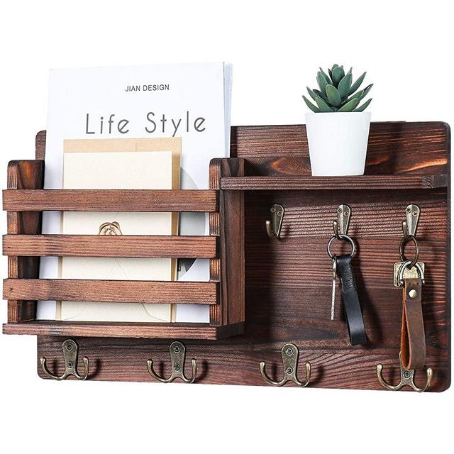 Mail Holder for Wall – Mail Organizer with Key Hooks for Hallway Kitchen Farmhouse Decor – Letter Sorter Made of Natural Pine with Floating Shelf and Flush Mount Hardware (16.8” x 10” x 3.2”)