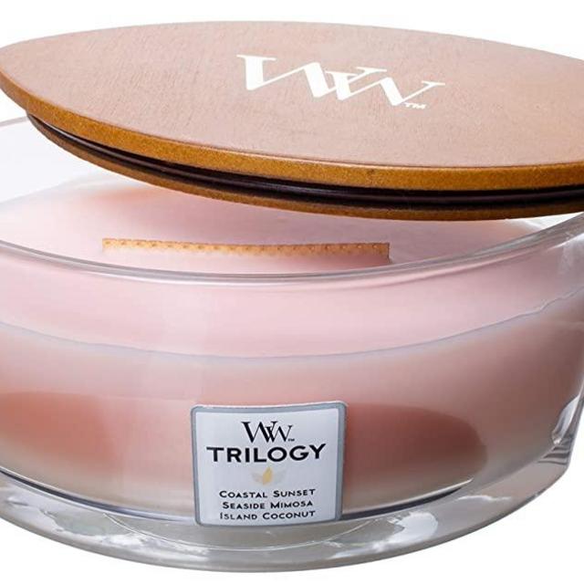 WoodWick WW Trilogy Island Getaway, 3-in-1 Highly Scented Candle, Ellipse Glass Jar Original HearthWick Flame, Large 7 Inches, 16 OZ