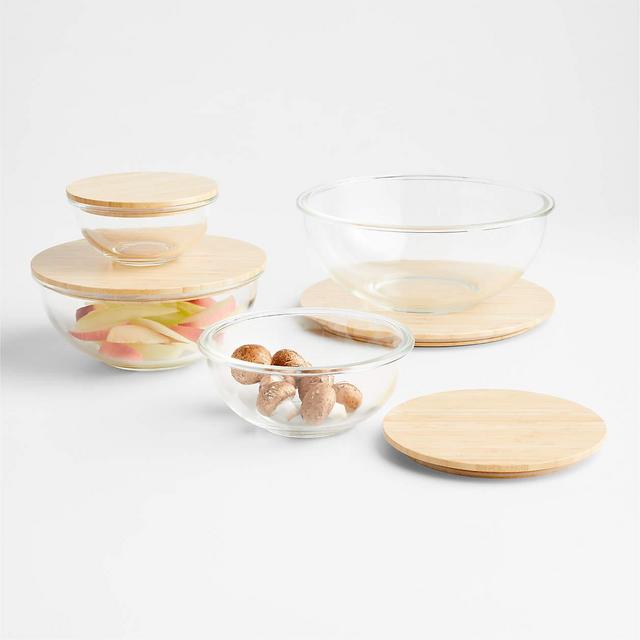 Crate and Barrel Glass Mixing Bowls with Bamboo Lids, Set of 4