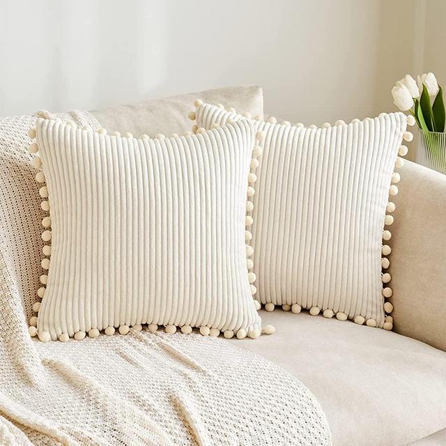 MIULEE Boho Decorative Throw Pillow Covers with Pom-poms, Soft Corduroy Square Solid Lumbar Cushion Cases for Couch Sofa Bedroom, 18x18 inch Cream